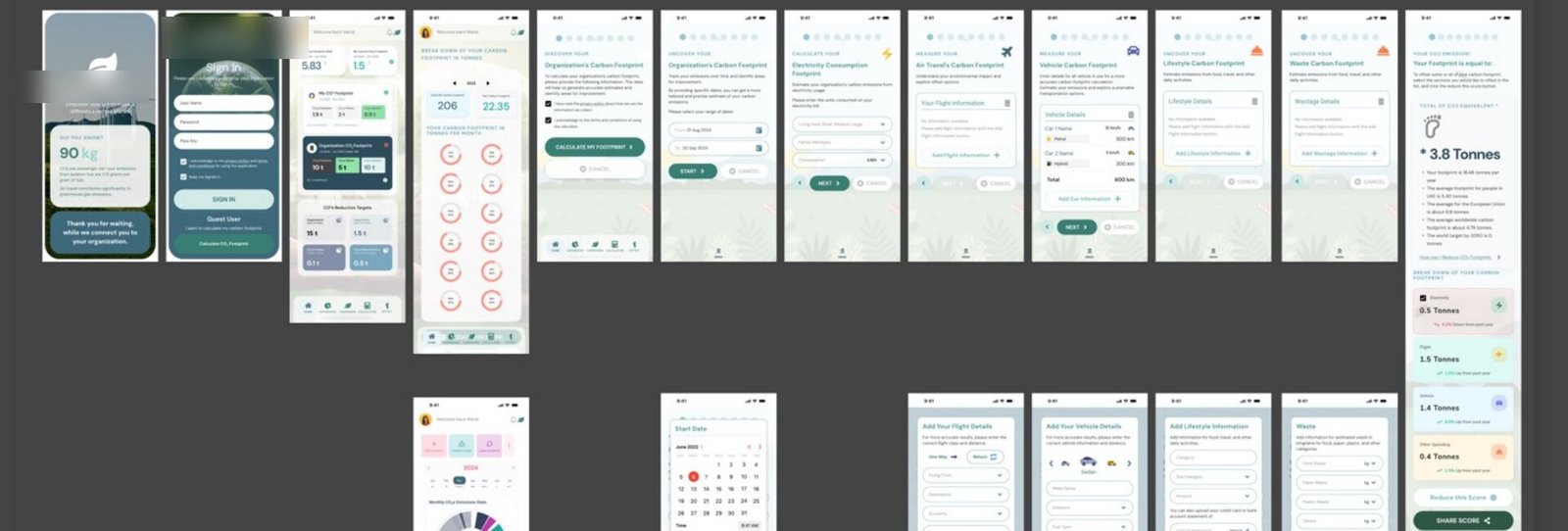 ClimateTech ESG platform, mobile carbon calculator screens across the product ecosystem