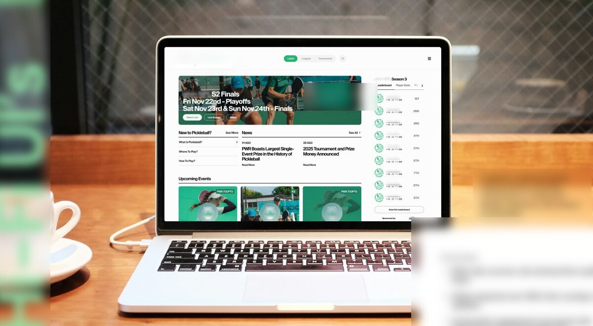 Community sports platform, redesigned desktop home shown on a laptop