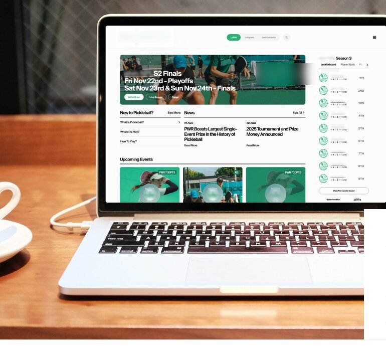 Redesigned community sports platform, desktop home with live results, events and leaderboard
