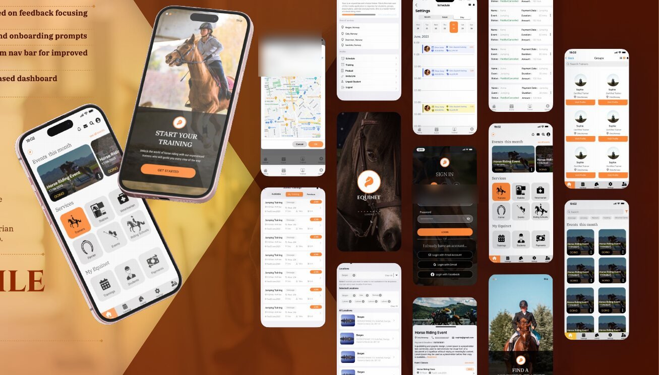 Marketplace listing and booking screens designed by VenNexis for an equestrian services platform